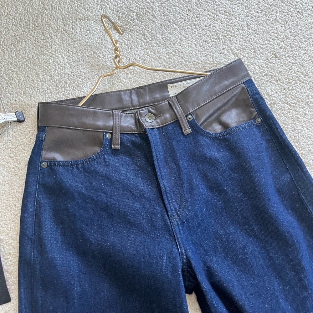 rag & bone Dark Blue wide Leg Jeans with Black Leather Lori midi size 26 cowgirl - Picture 8 of 16
